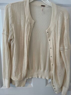 Free People Cream Lightweight Button-Front Knit Cardigan